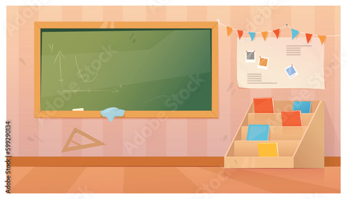 Geometry classroom interior, school class room with desk, student blackboard with geometrical tasks and rulers, studying posters, Cartoon vector illustration