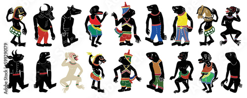 Monster Shadow Puppet in different ethnic costumes. Set of vector illustrations.