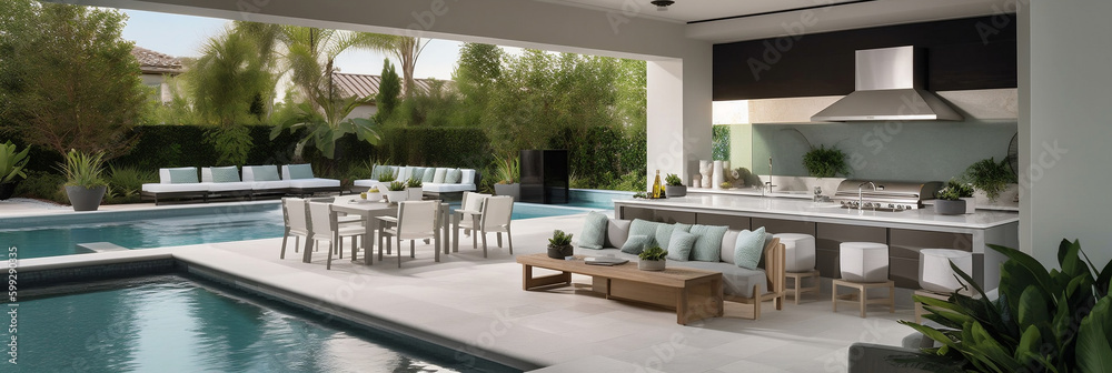 Fototapeta premium Stylish outdoor living space with a modern outdoor kitchen, comfortable seating, and a large pool (generative AI)