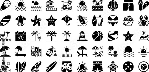Beach Icon Set Isolated Silhouette Solid Icons With Sun, Symbol, Sea, Summer, Icon, Beach, Travel Infographic Simple Vector Illustration