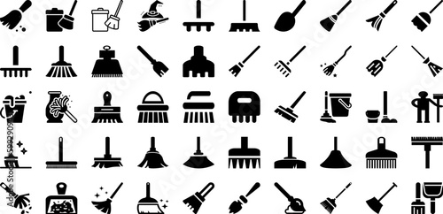 Broom Icon Set Isolated Silhouette Solid Icons With Vector, Broom, Symbol, Icon, Brush, Clean, Housework Infographic Simple Vector Illustration
