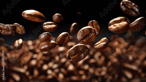 Fresh roasted coffee beans flying in the air. Generative AI.