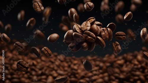 Fresh roasted coffee beans flying in the air. Generative AI.