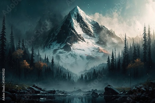 A majestic snow capped mountain peak rises towards the sky in the distance background  Bright   misty mountain beautiful nature background  majestic and tranquil  Generative AI