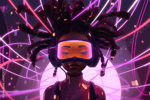AI generated illustration of serene African American woman with dreadlocks in futuristic goggles closing eyes on colorful background with abstract lines photo