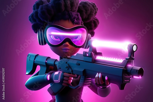 Generative AI illustration of cartoon African American girl with afro hair in armor costume looking at camera and shooting from laser gun in pink neon background photo