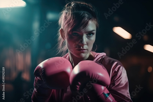 Generative AI illustration of determined young female boxer in activewear with pink hair and boxing gloves practicing fighting on ring during workout in dark club photo