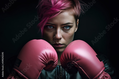 Generative AI illustration of serious young female boxer with short dyed pink hair wearing boxing gloves looking at camera against black background photo