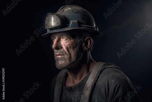 Generative AI side view illustration of dirty middle aged coal miner wearing hard hat with led light attached to it while standing looking against black background and looking away photo