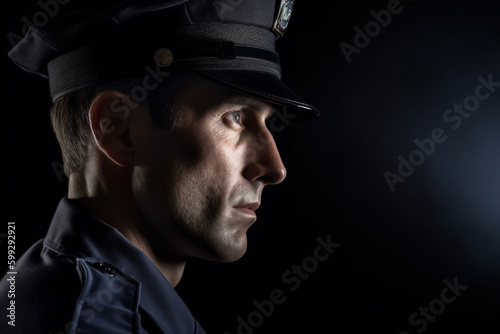 Generative AI side view illustration of adult white policeman with cap in uniform looking away wistfully in dark room photo
