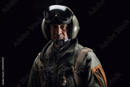Generative AI portrait illustration of confident mature air force pilot wearing helmet with visor standing against black gradient background and looking at camera photo