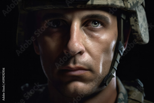 Generative AI illustration of crop serious young soldier in helmet looking at camera while standing against black background photo