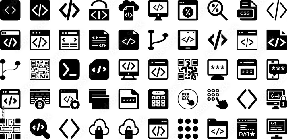 Code Icon Set Isolated Silhouette Solid Icons With Icon, Vector, Code, Technology, Sign, Digital, Symbol Infographic Simple Vector Illustration