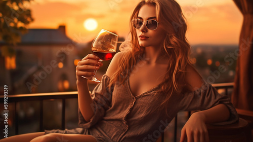 Nice girl drinking wine on a sunset with on a balcony