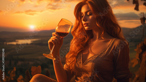 Nice girl drinking wine on a sunset with a natural background in nature