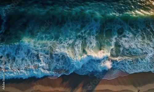 Aerial view of sandy beach and blue sea