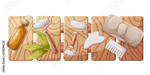 Wooden stand with gua sha tools, headband, oil serum. Board for use in the bath, spa, salon, massage.Top view. Health and beauty. Trendy vector illustration