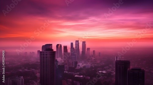 Magenta Sunrise: A Photorealistic Cityscape Uniting Urban Architecture and Nature's Vibrant Palette, Created with Generative AI