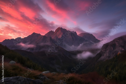 Magenta Sunrise Over Rugged Peaks: A Breathtaking Photorealistic Mountain Vista, Created with Generative AI © HNXS Digital Art