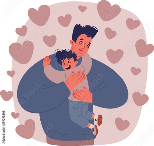 Cartoon Illustration of Happy man embraces his son.