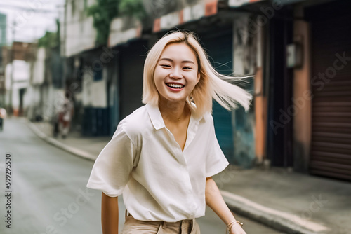 A beaming young woman with blonde hair and a minimalist shirt poses in front of a lively street, her infectious smile catching the eye. generative AI.
