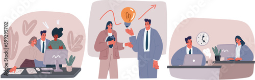 Cartoon Illustration of Business team. Collection of scenes with men and women taking part in business activities. Man and woman in office set.
