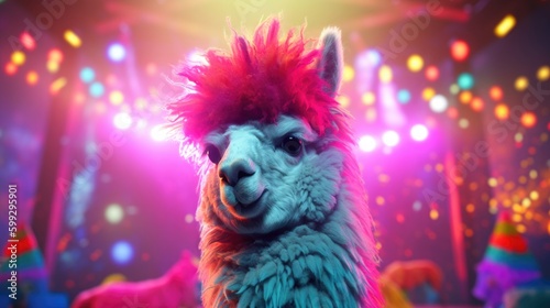 Hilariously happy disco party Alpaca on the dance floor showing off his dance moves dressed in the coolest 70's fashion style and wild curly hair - generative ai 