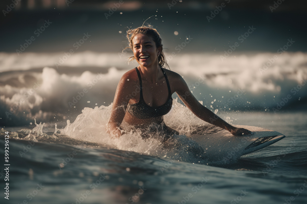 Fototapeta premium Illustration of a female surfer catching a wave on her surfboard created with Generative AI technology