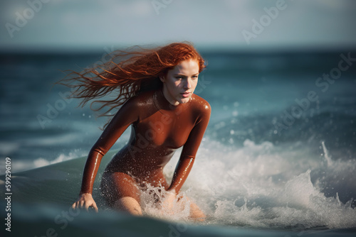 Illustration of a female surfer riding a wave on a colorful surfboard in the ocean created with Generative AI technology © Nedrofly