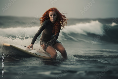 Illustration of a female surfer catching a wave on her surfboard created with Generative AI technology © Nedrofly