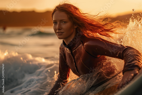 Illustration of a female surfer catching a wave on a surfboard created with Generative AI technology