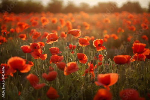 Red poppies in field. Landscape with poppies. AI Generated