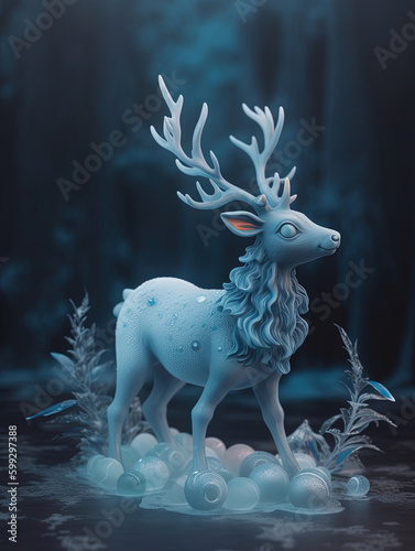 Ice cute deer 3D illustration. Generative AI.