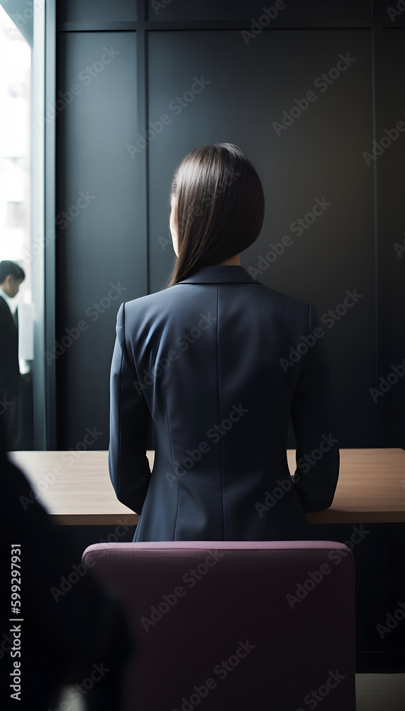 Back view of a woman in a suit waiting for a job interview, generated AI Back view of a woman in a suit waiting for a job interview, generated AI