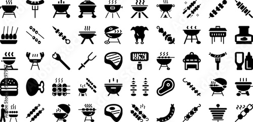 Grill Icon Set Isolated Silhouette Solid Icons With Grill, Cook, Food, Barbecue, Bbq, Icon, Hot Infographic Simple Vector Illustration
