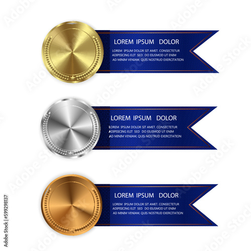 Set of gold, bronze and silver. Award medals isolated on transparent background. Vector illustration of winner concept. 