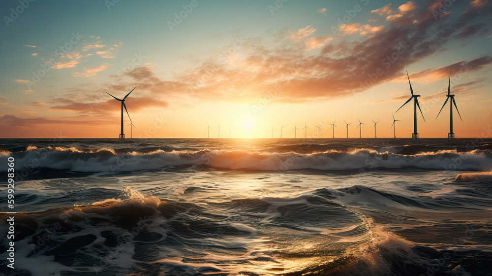 Aerial view of wind turbines in the ocean at golden hour