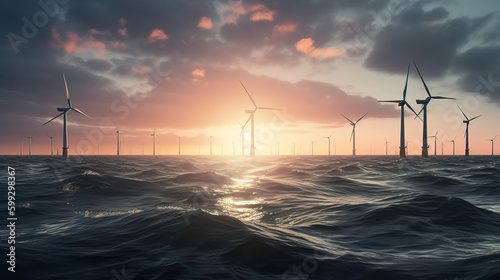 Aerial view of wind turbines in the ocean at golden hour