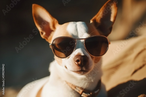 Puppy dog wearing sunglasses on the beach © Milano Photo Events