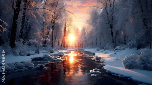 冬の朝の景色、雪景色 | Winter morning scenery, snow scene ,Generative AI