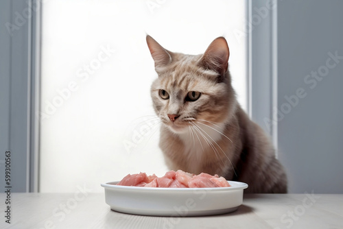 Cat sitting in front of bowl with raw meat food. Generative AI illustration