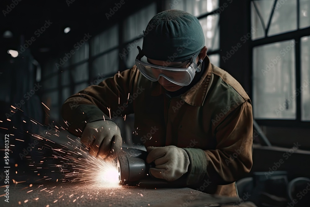 Worker making electric grinding wheel on steel structure in factory Metal processing with an angle grinder sparks in metal Worker making electric grinding wheel on steel structure in factory Metal processing with an angle grinder sparks in metal