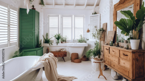 Bathroom interior with white bathtub, wooden cabinet and green shutters generative ai