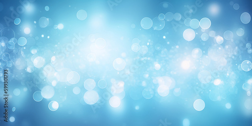 Shining blurred blue bokeh background with glitters and lights. Glowing holiday banner for christmas, new year and other celebrations with bokeh lights and copy space. Generative AI