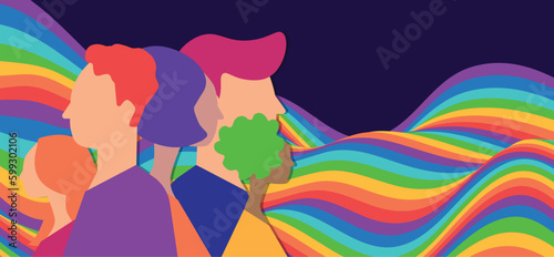 LGBT Pride Month banner. People hold megaphone and flags with lgbt rainbow colored flag. Trendy backdrop for banner, poster, flyer, website
