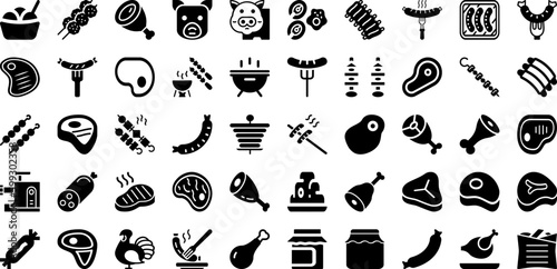 Meat Icon Set Isolated Silhouette Solid Icons With Steak, Beef, Meat, Symbol, Restaurant, Icon, Food Infographic Simple Vector Illustration