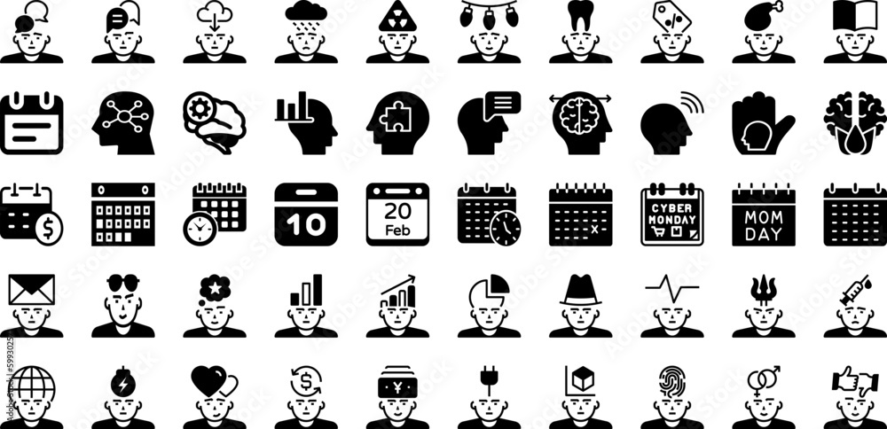 Mind Icon Set Isolated Silhouette Solid Icons With Brain, Outline, Line, Mind, Human, Icon, Vector Infographic Simple Vector Illustration