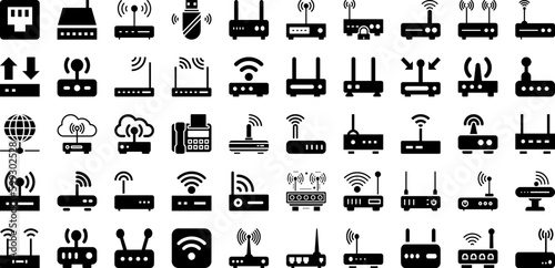 Modem Icon Set Isolated Silhouette Solid Icons With Wireless, Router, Symbol, Icon, Vector, Computer, Modem Infographic Simple Vector Illustration