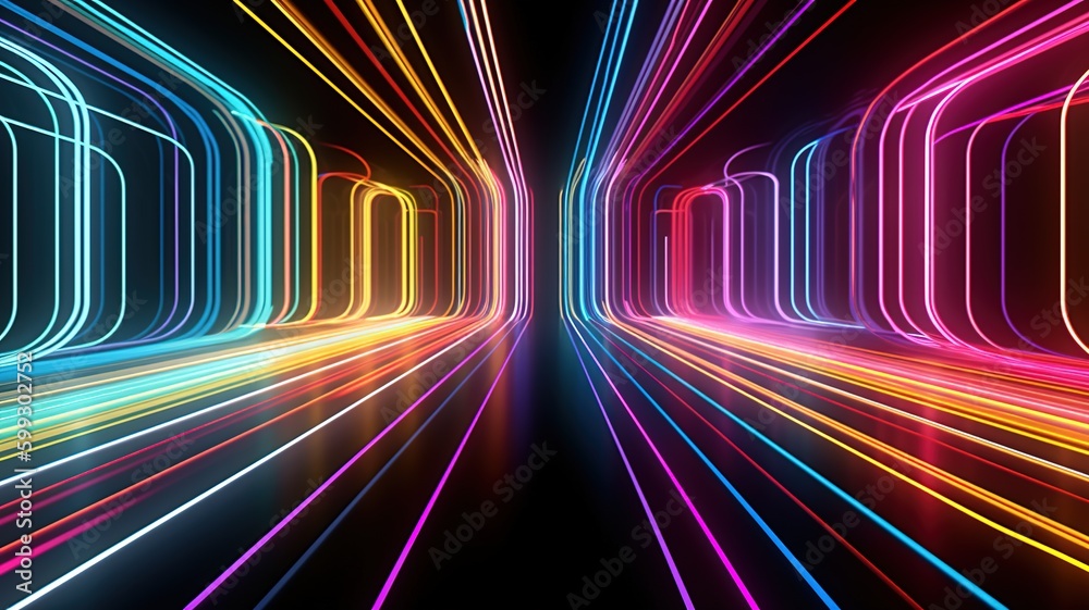 Fototapeta premium 3d render, abstract panoramic neon, light speed background. Bright purple violet pink lines glowing in ultraviolet light, generative ai, futuristic path. 