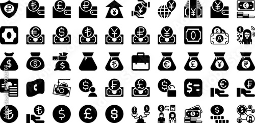 Money Icon Set Isolated Silhouette Solid Icons With Business, Payment, Cash, Icon, Symbol, Finance, Money Infographic Simple Vector Illustration